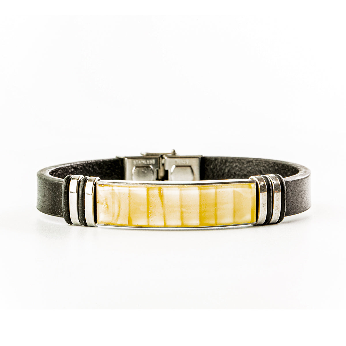 Lederarmband mit nordischem Bernstein in Elfenbein als Mosaik