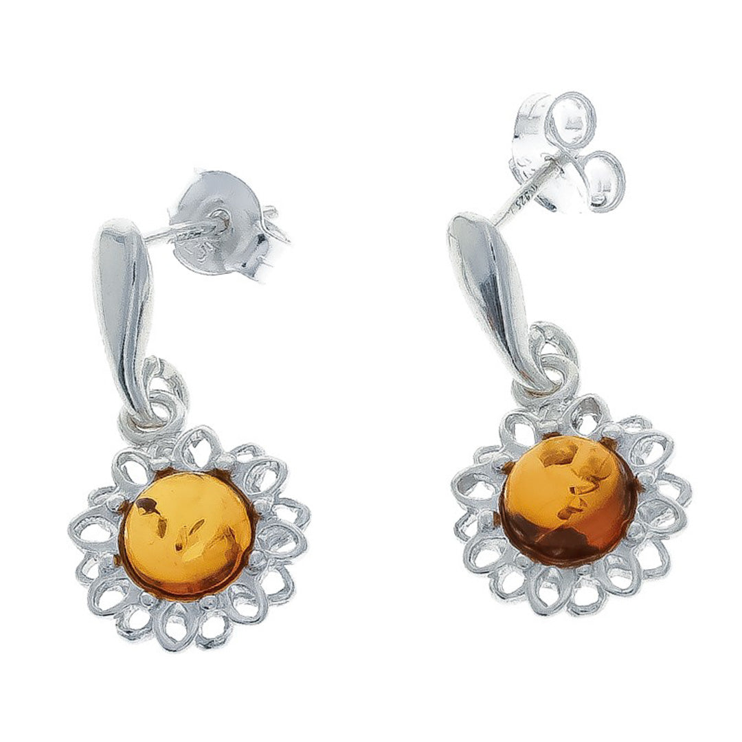 Florale Ohrrstecker aus Sterlingsilber 925 mit je eingefasster Bernsteinperle