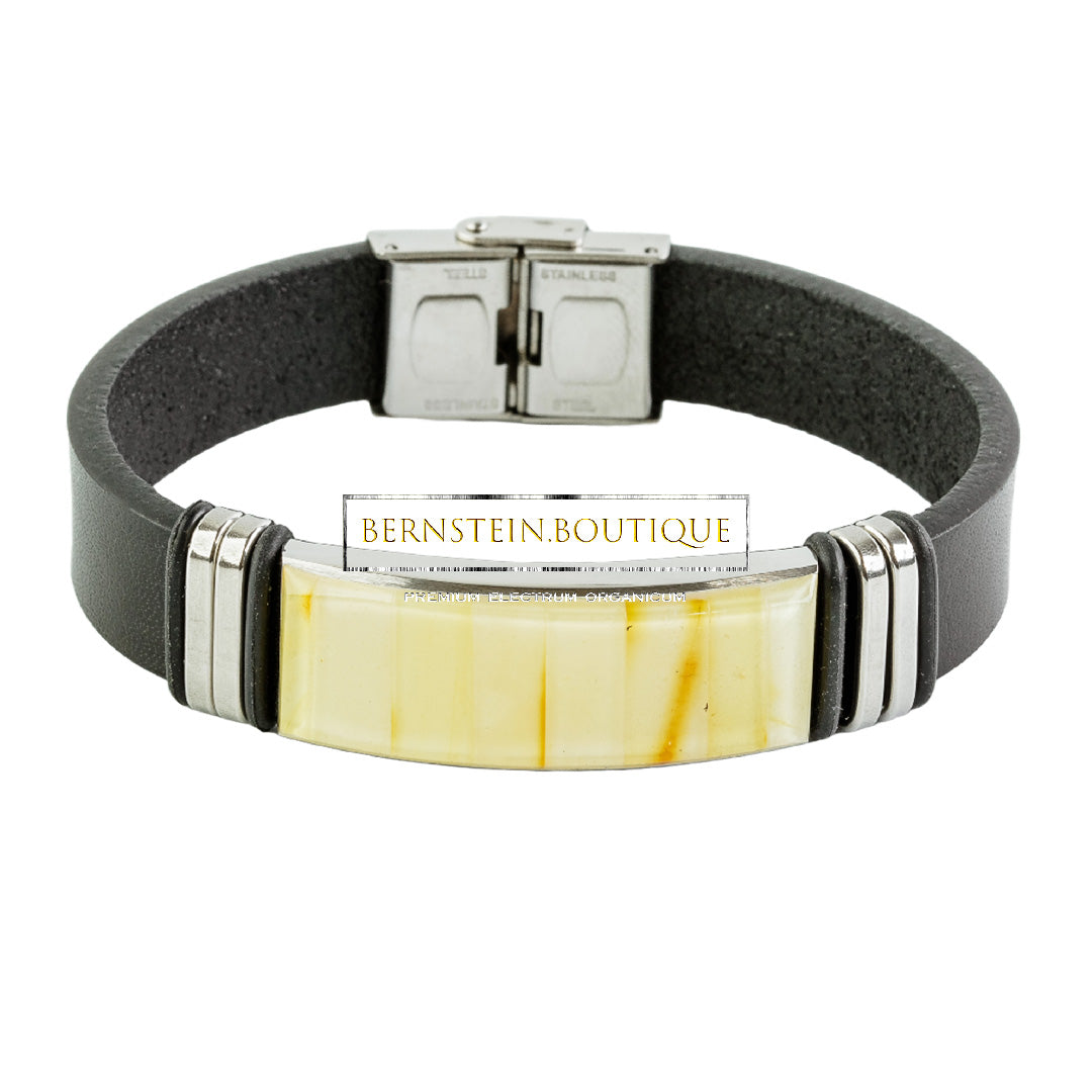 Lederarmband mit nordischem Bernstein in natürlicher Farbe und Muster, Elfenbein, als Mosaik