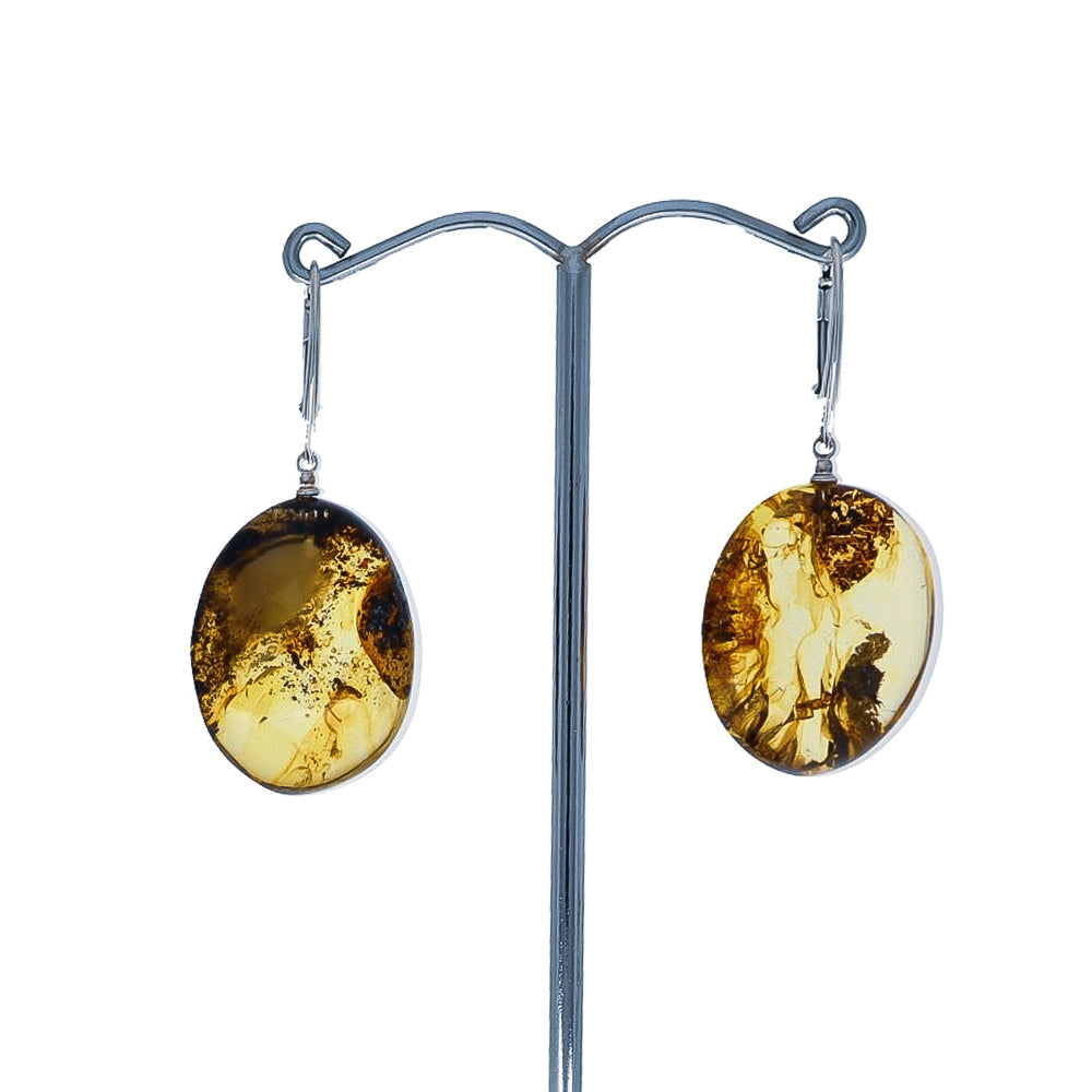Ovale Bernsteinohrringe in Sterling-Silber mit Florainklusionen