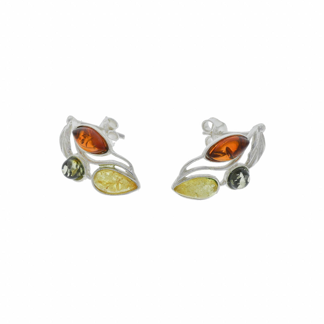 Floral Stud Earrings: Sterling Silver 925 with Three-Tone Nordic Amber
These enchanting floral stud earrings, crafted from Sterling Silver 925, showcase three natural hues of Nordic amber beads: warm honey, vibrant yellow, and deep moss green. Each bead is artfully set within delicate silver bezels, creating a playful, blossom-like design that highlights the natural beauty of the amber.