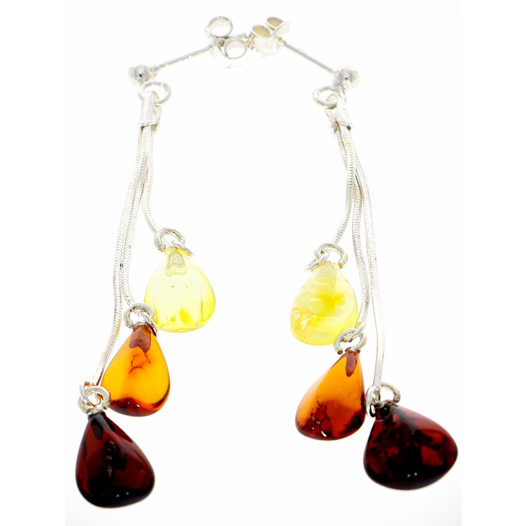 Amber ear studs each with three amber drops on silver chains - no. 76