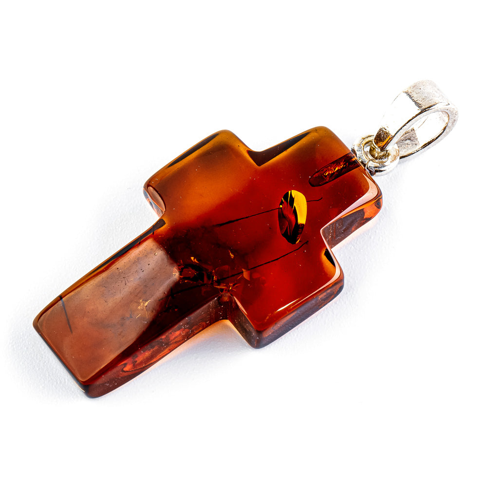 Cherry red Christian cross pendant made of amber