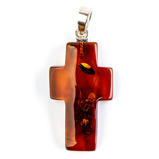 Cherry red Christian cross pendant made of amber