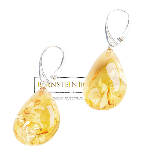 Golden yellow Nordic amber drop earrings on sterling silver