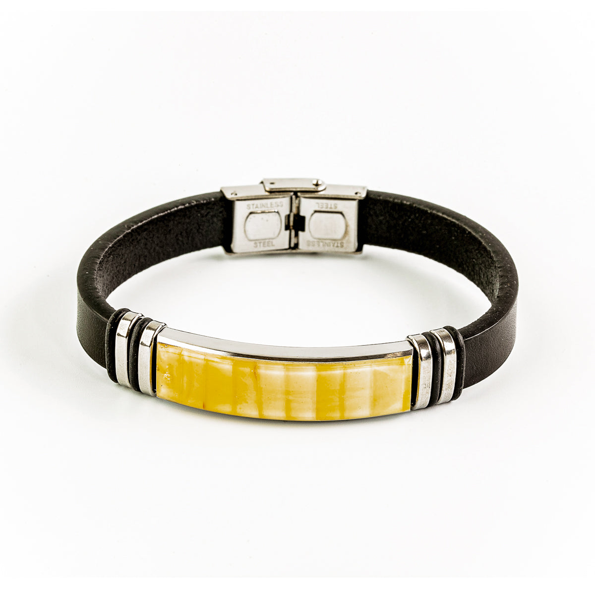 Leather bracelet with Nordic amber in ivory mosaic