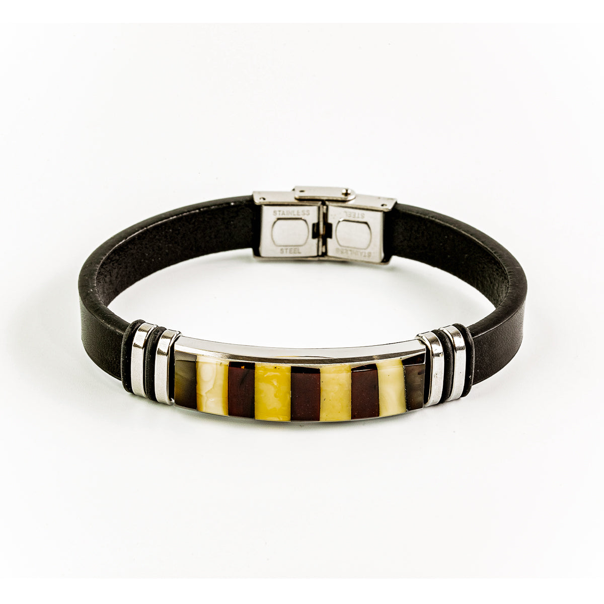 Leather bracelet with Nordic amber mosaic in ivory and dark cherry