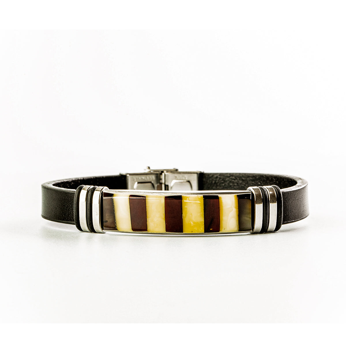 Leather bracelet with Nordic amber mosaic in ivory and dark cherry