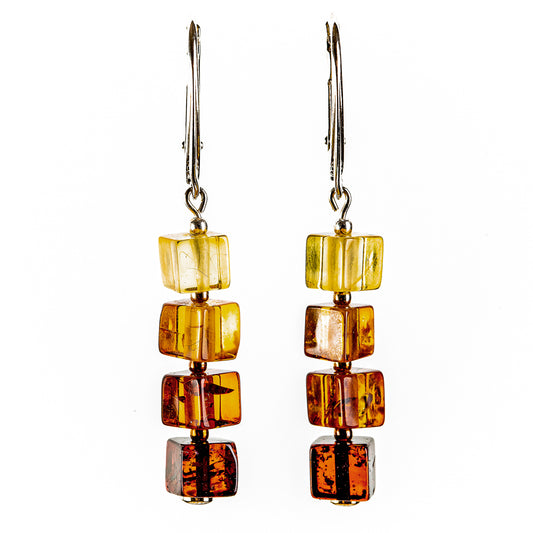 Earrings made of cube-shaped beads made of pure natural Nordic amber