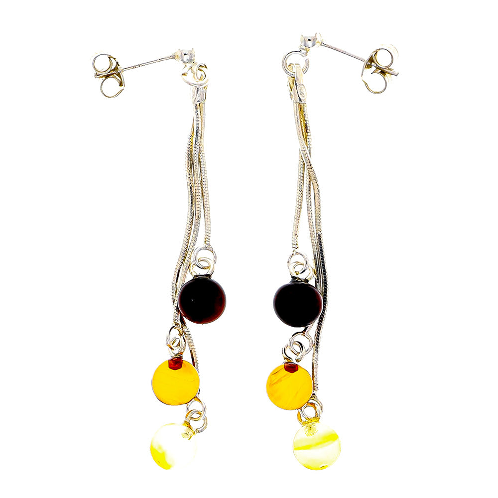 Stud earrings with hanging chains each equipped with three small global amber beads