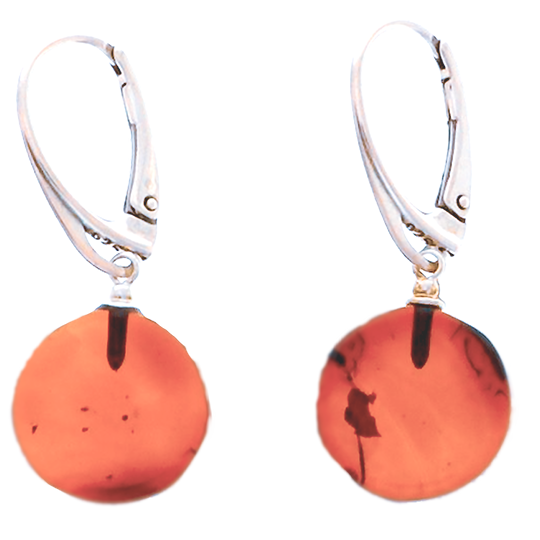 Cute earrings made of nutty colored amber discs on sterling silver