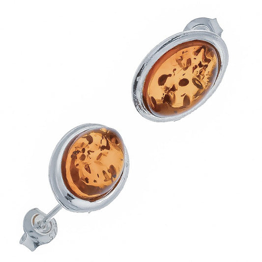 Ohrstecker aus Sterlingsilber sind mit edlen ovalen transparenten honigfarbenen Bernstein-Cabochons
