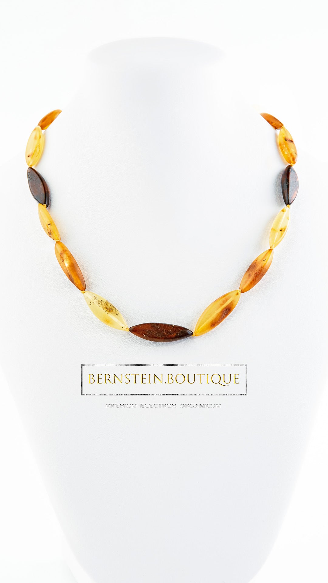 Necklace made only of natural amber in elongated oval to almond-shaped amber.