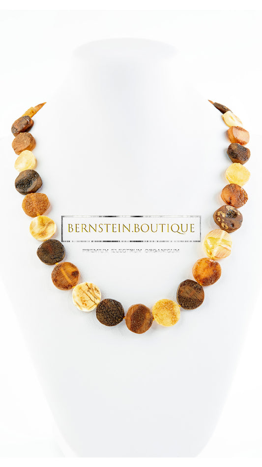 Necklace made from slices of raw cut, pure, natural Nordic amber