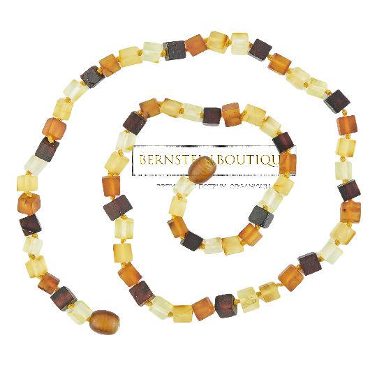 Amber necklace made of naturally multi-colored, mirror-polished cube-shaped amber beads