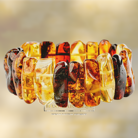 Bracelet made of shiny polished amber - "chunkies" in gold-yellow, honey-gold and dark red