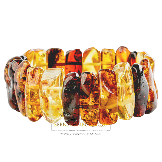 Bracelet made of shiny polished amber - "chunkies" in gold-yellow, honey-gold and dark red