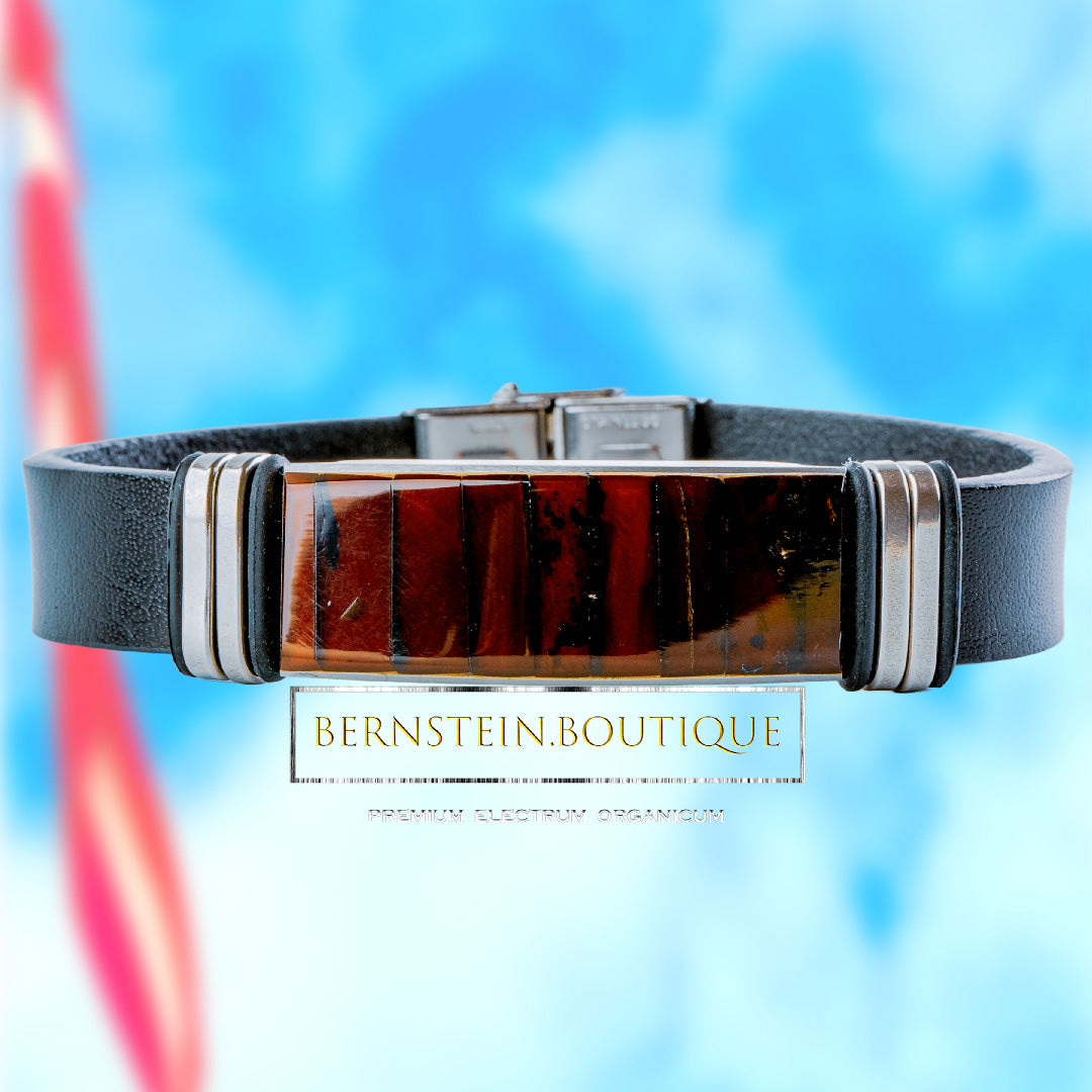 Leather bracelet with Nordic amber in dark cherry red, as a mosaic