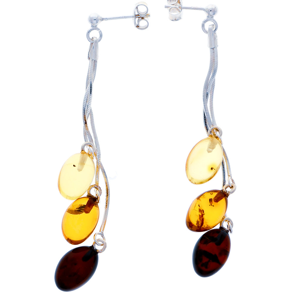 Ear studs on silver chains, each with three amber beads - in their natural colors canary yellow, gold and purple