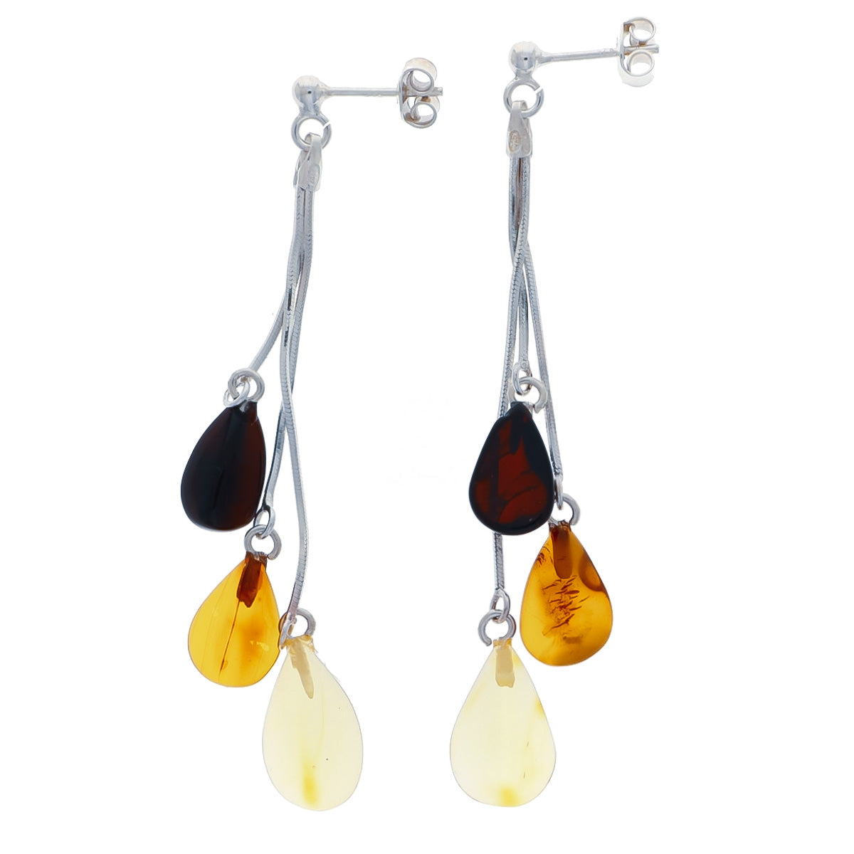 Stud earrings with hanging silver chains, each with three amber beads