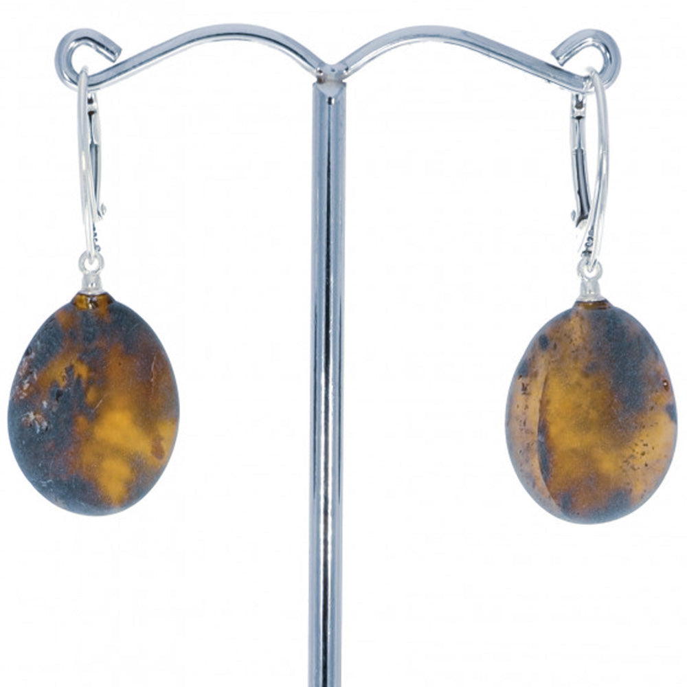 Earrings made of amber beads, slightly velvety cut and unpolished