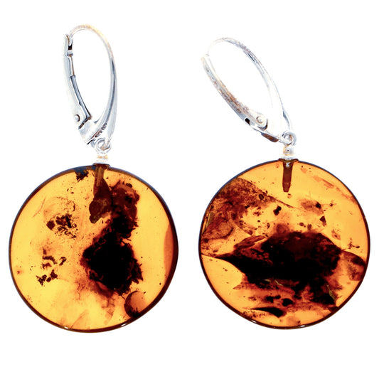 Earrings made of sunny-earthy amber discs on sterling silver