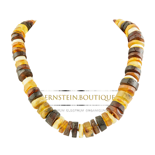 Necklace made of multicolored and shiny polished disc-shaped necklace beads made of pure organic Nordic amber.