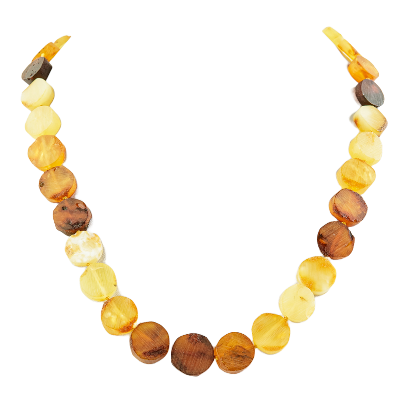 Elegant, velvet-polished disc drops made of pure amber as a necklace