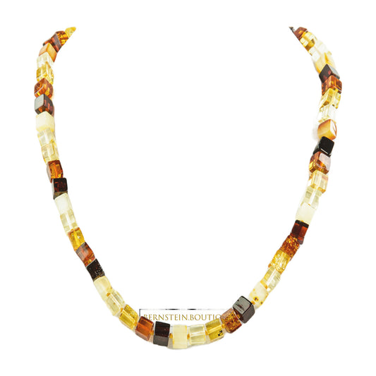 Amber necklace made of naturally multi-colored, mirror-polished cube-shaped amber beads