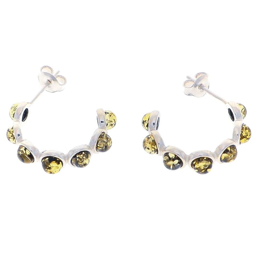 Arch-shaped stud earrings made of sterling silver, each with seven shiny amber beads