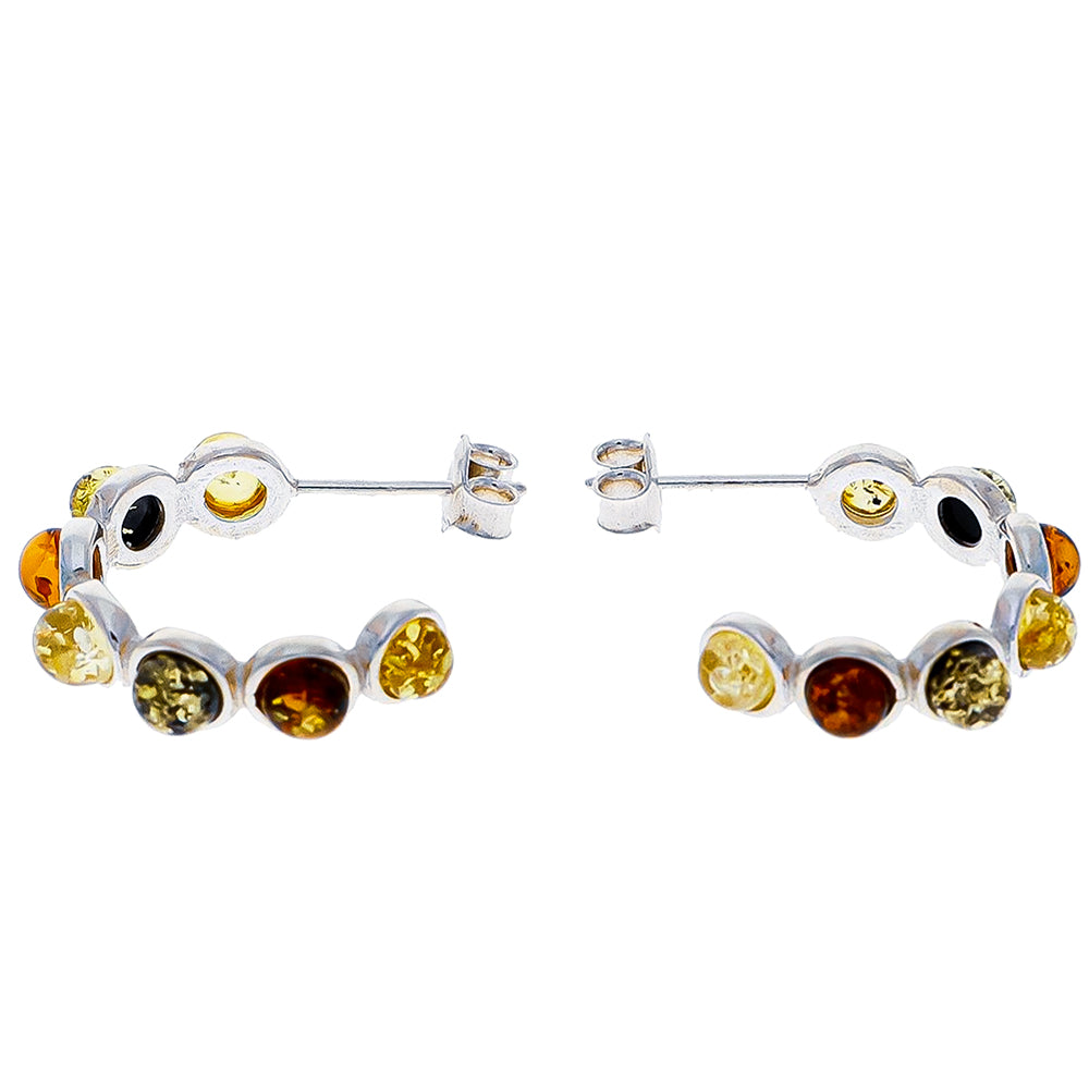 Classic, arch-shaped stud earrings made of sterling silver with seven amber beads each