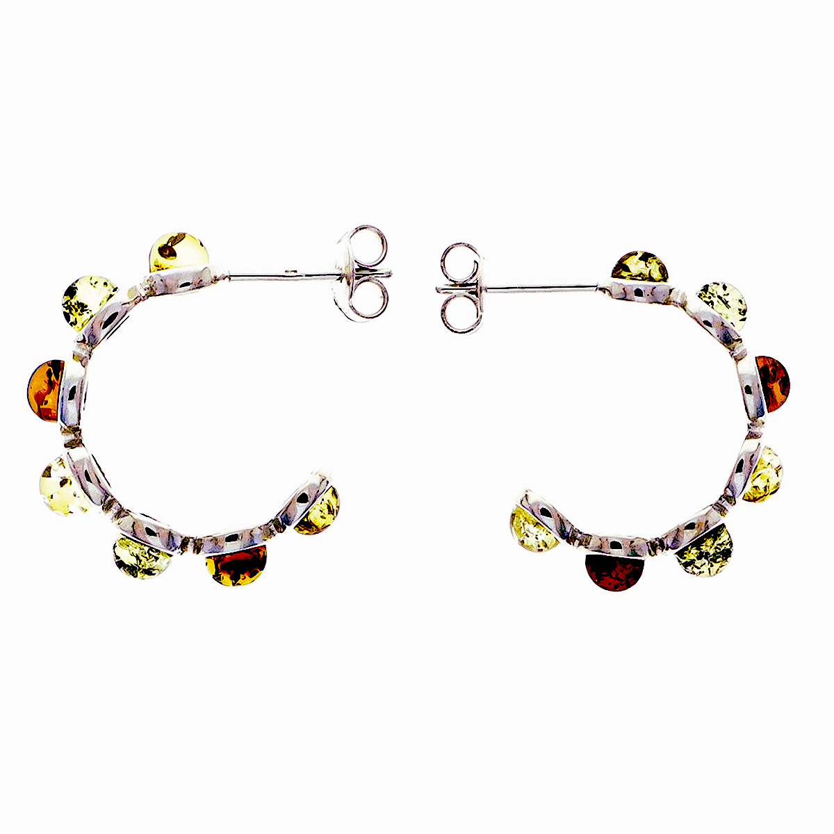 Classic, arch-shaped stud earrings made of sterling silver with seven amber beads each