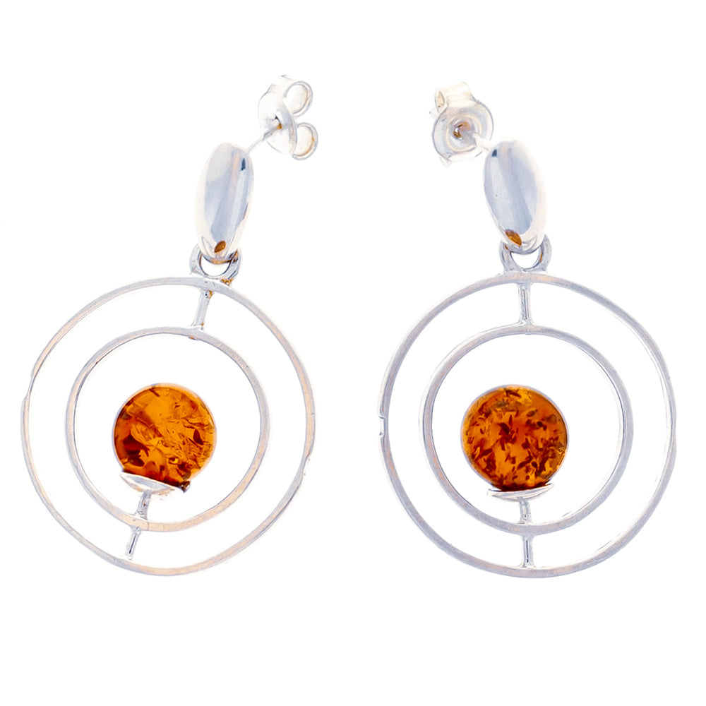 Classic designer earrings made of sterling silver. 925 with central amber bead