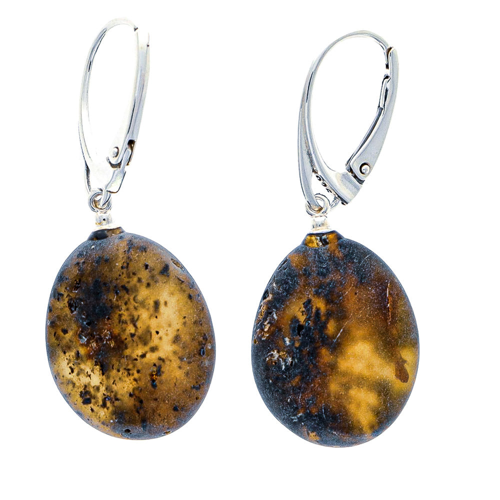Earrings made of amber beads, slightly velvety cut and unpolished