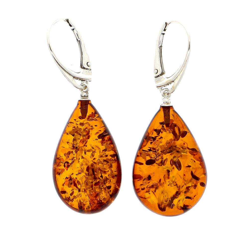 Classic amber earrings in baroque teardrop shape