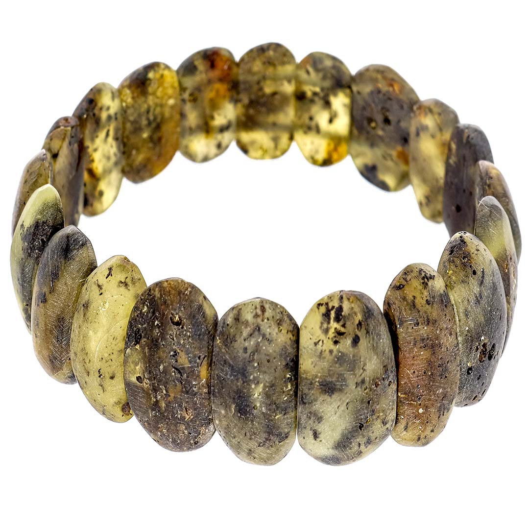 Stylish, but of course quaint. The greenish facets of the amber in the bracelet.