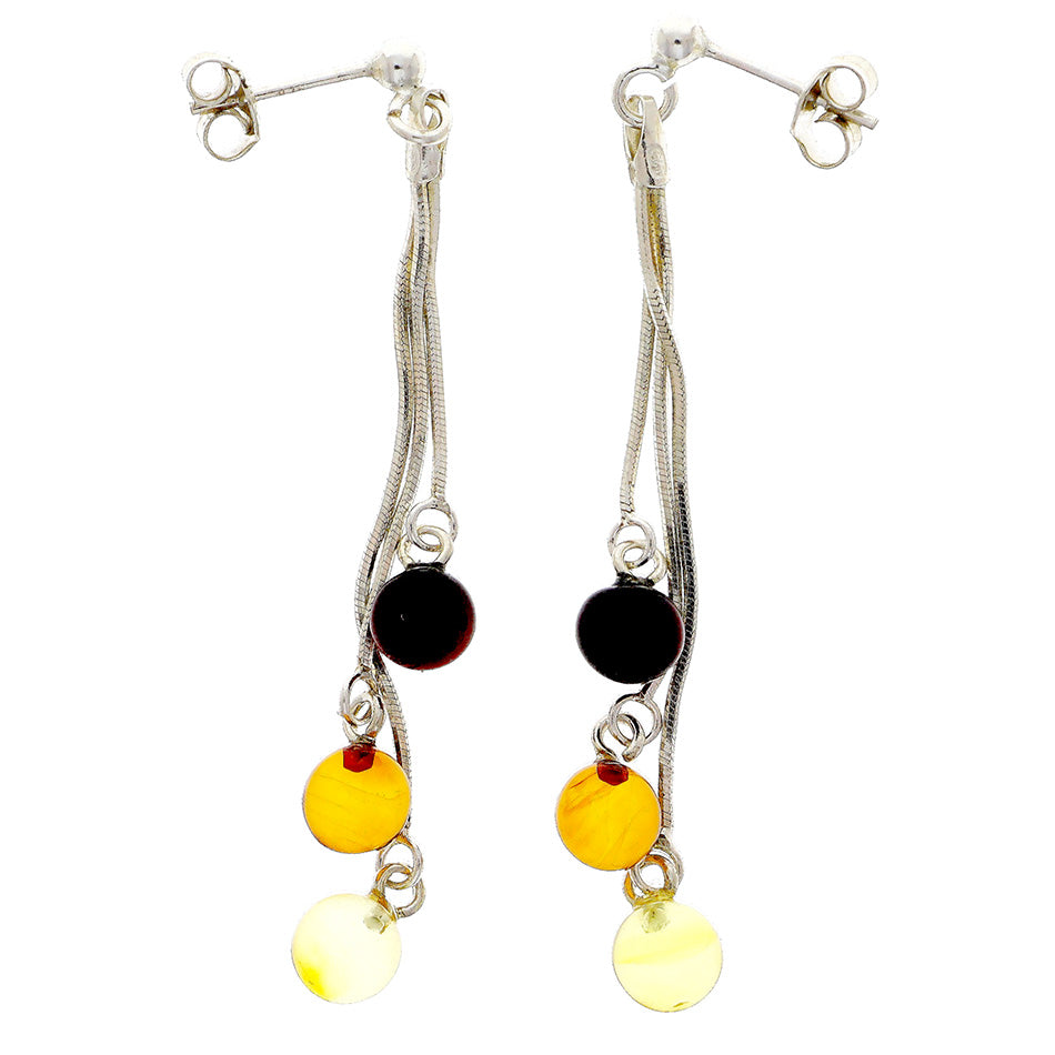 Earrings with real ambers - olive green, yellow and cherry red