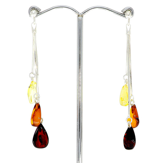 Amber ear studs each with three amber drops on silver chains - no. 76