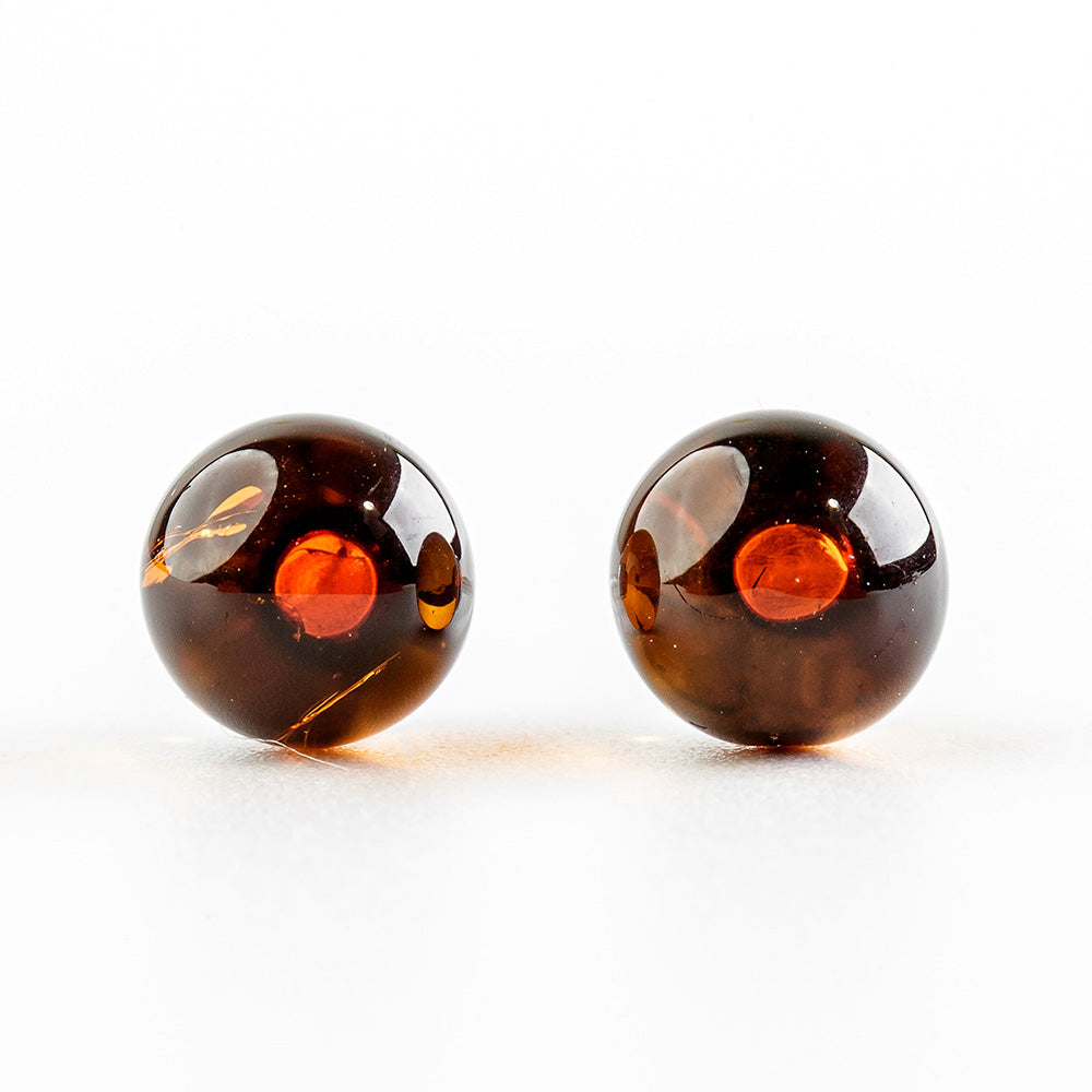 Stud Earrings - Amber Beads in Yukon Gold to Chestnut &amp; Sterling Silver