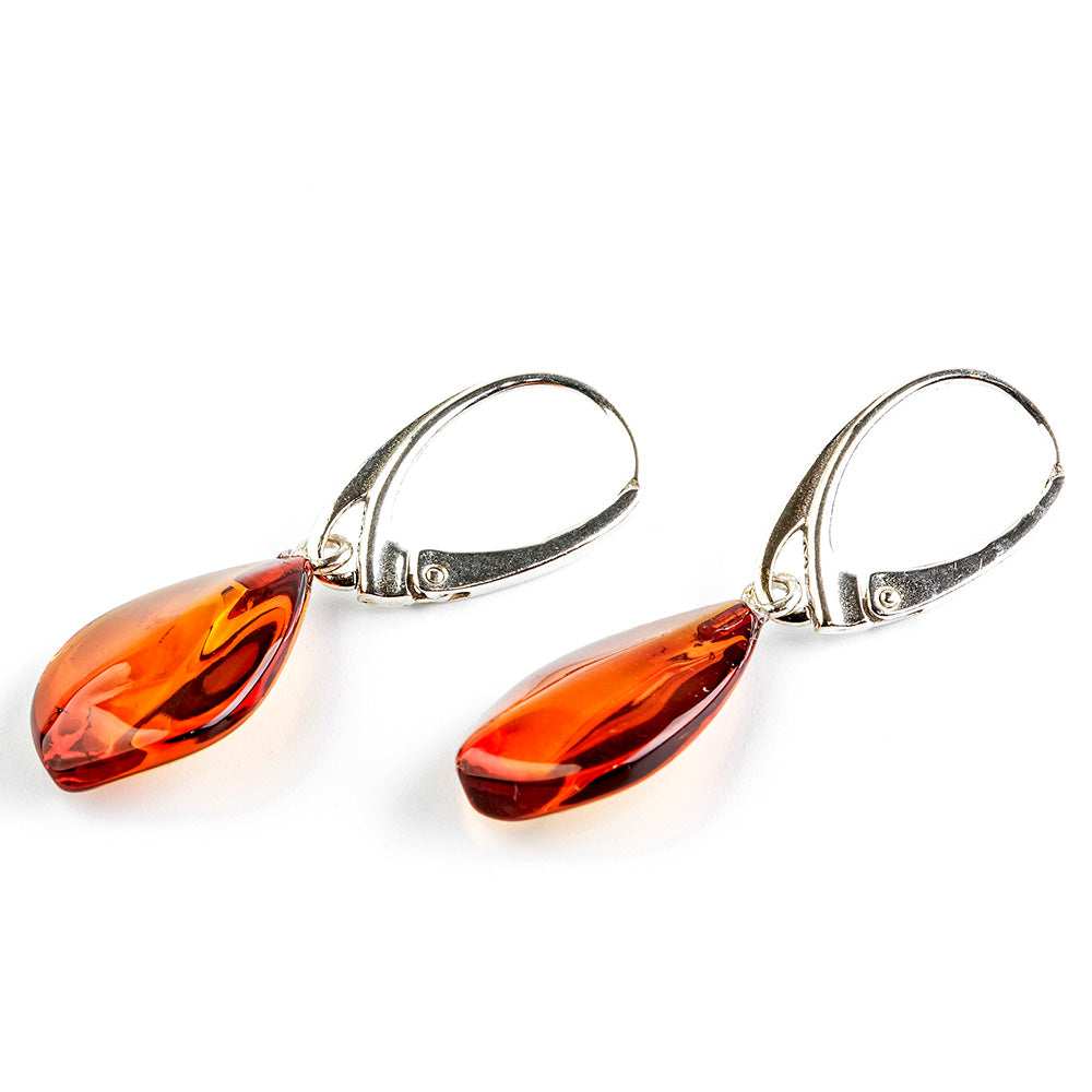 Earrings made from deep nutty amber drops and sterling silver