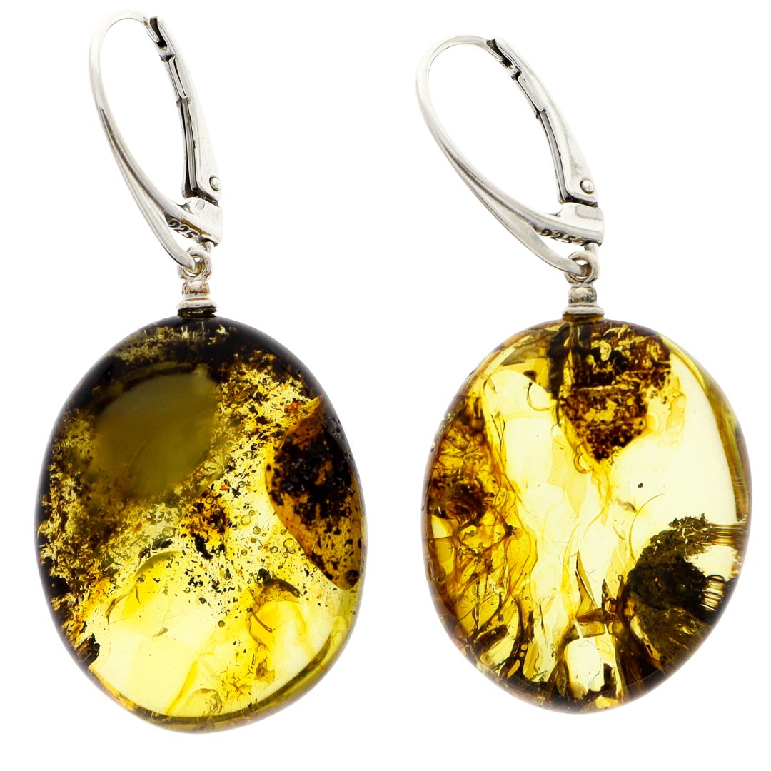 Amber earrings with natural mossy flora inclusions &amp; sterling silver - 59